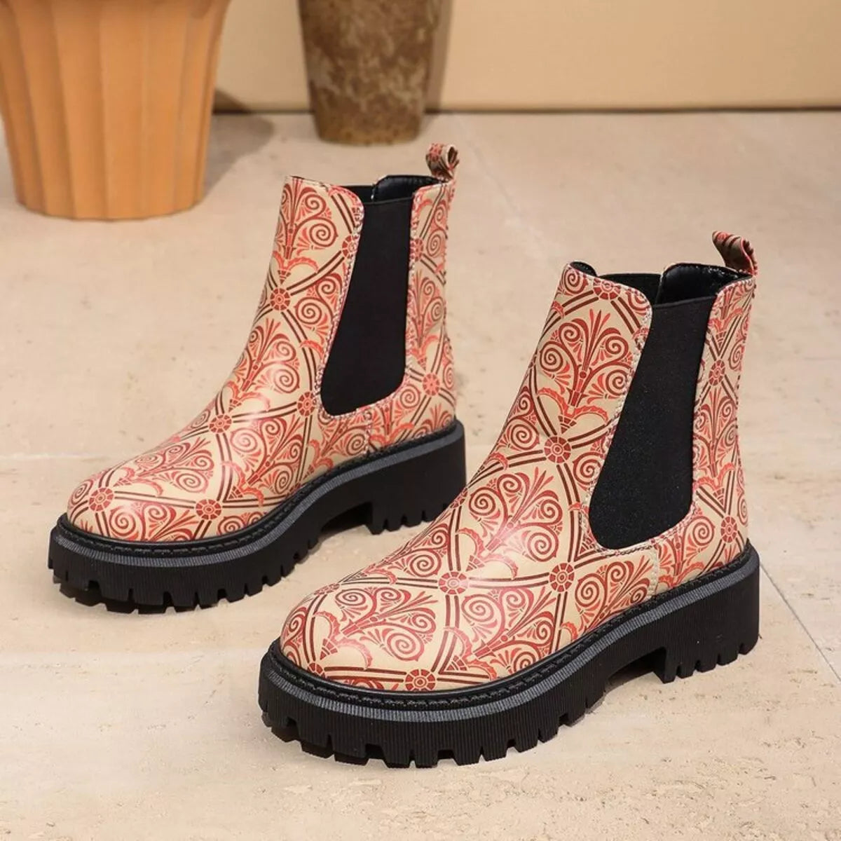 Round toe chunky heel ankle boots material detail