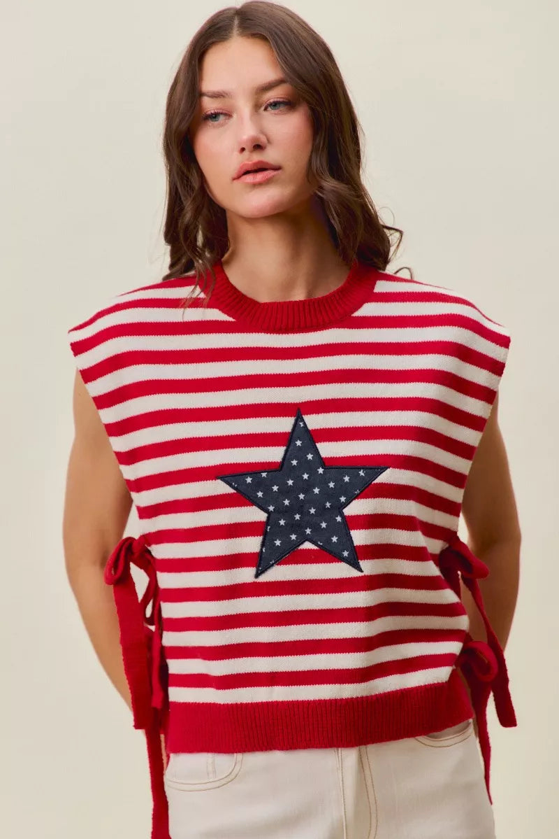 Stripe star patch side tie sweater vest front view