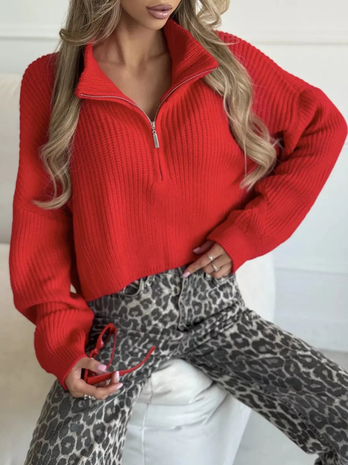 Half zip drop shoulder sweater, styled look