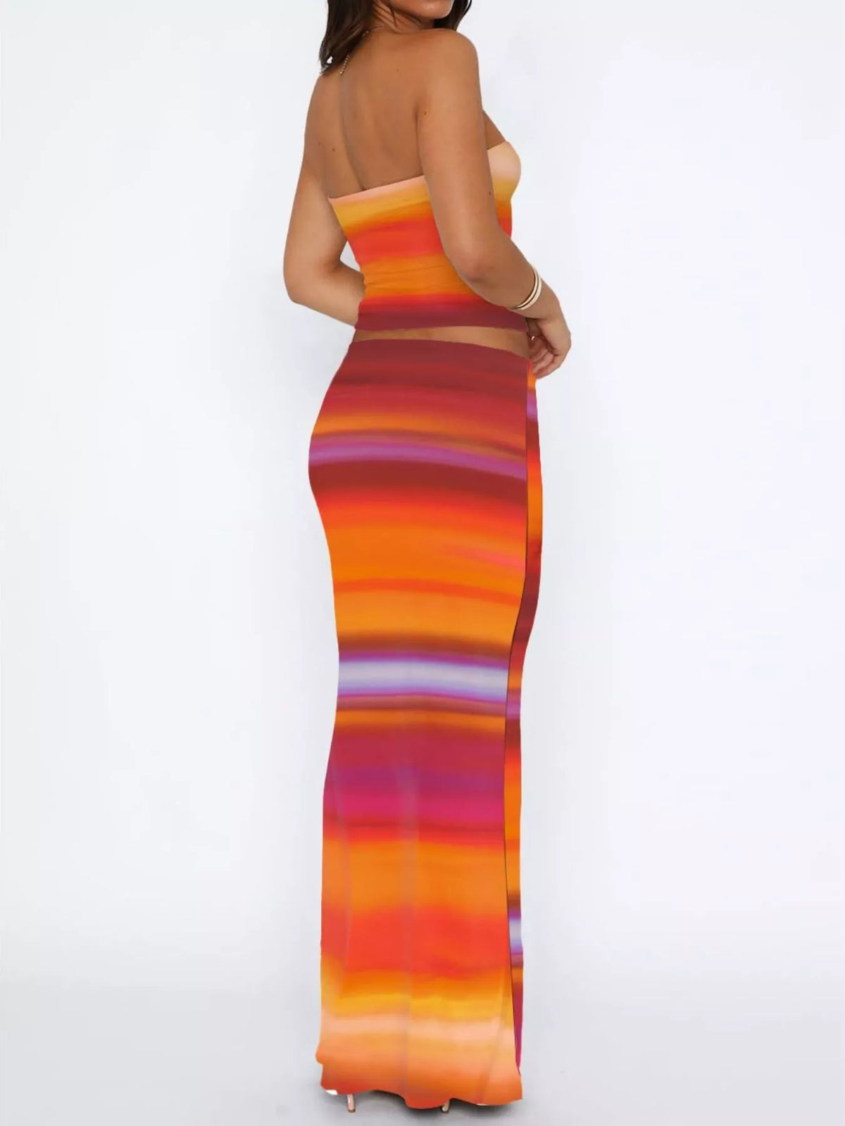 Striped coordinated tube top and skirt set full look