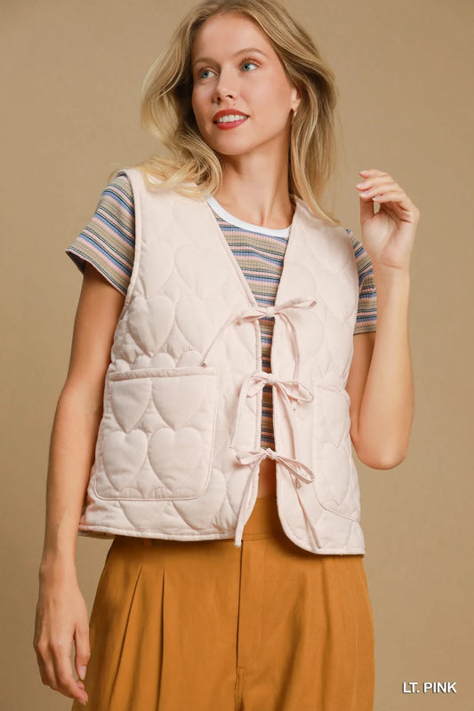 Umgee Heart Quilted Tie-Front Vest LT. PINK - Fashorio
