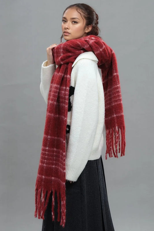 Fringe Plaid Thermal Scarf Deep Red One Size - Fashorio