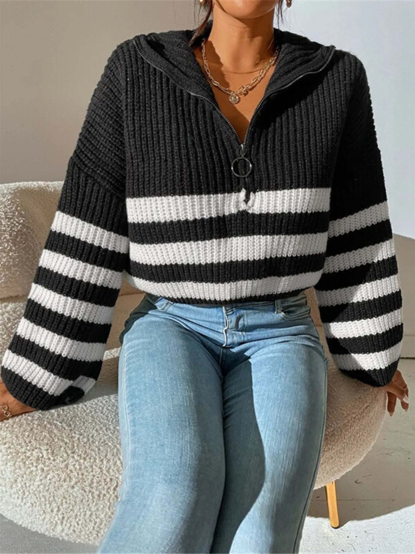 Striped Half Zip Cropped Sweater - Fashorio
