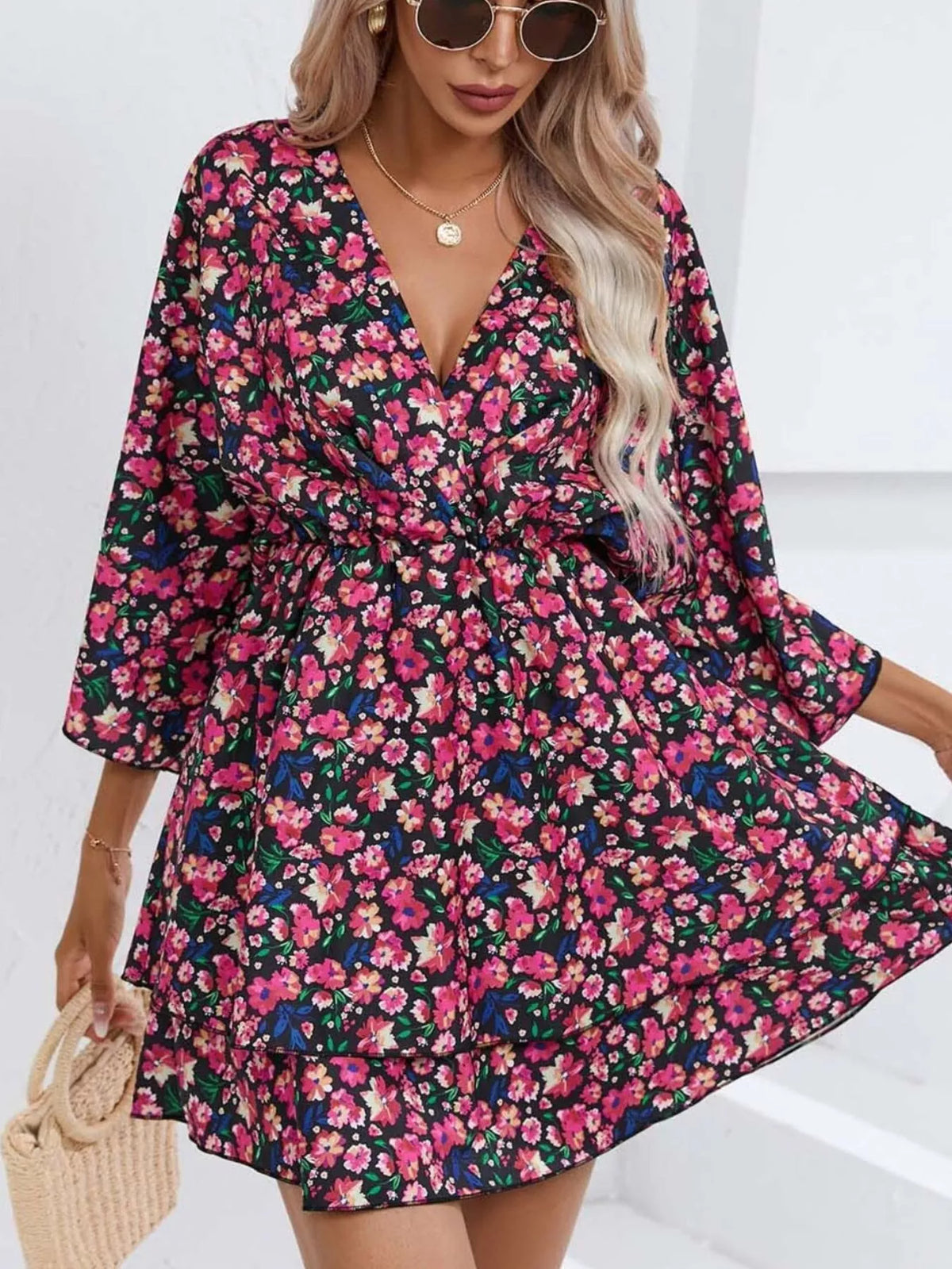 Floral print tiered ruffle hem mini dress front view
