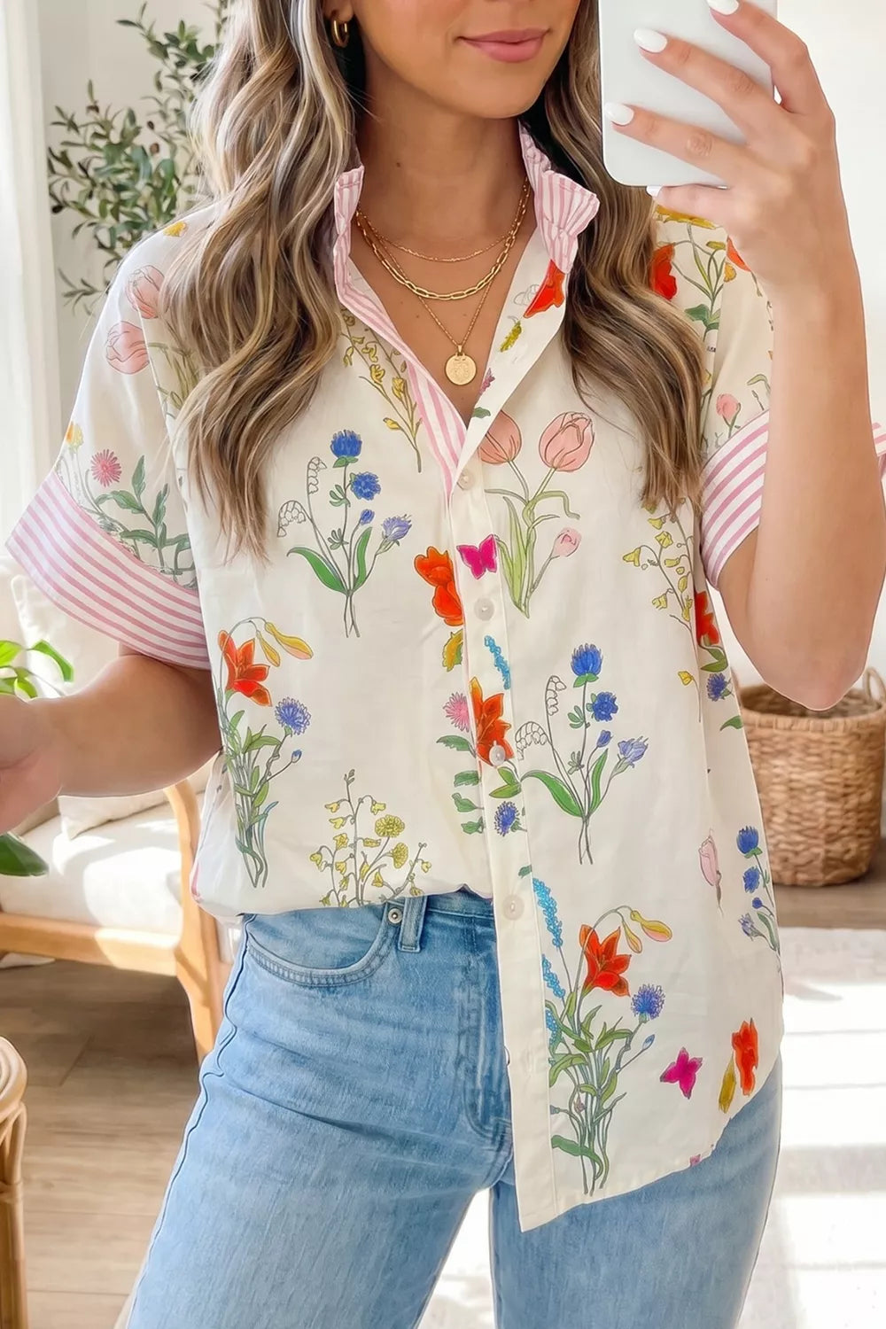 Beige floral stripe patchwork ruffle collar shirt front view