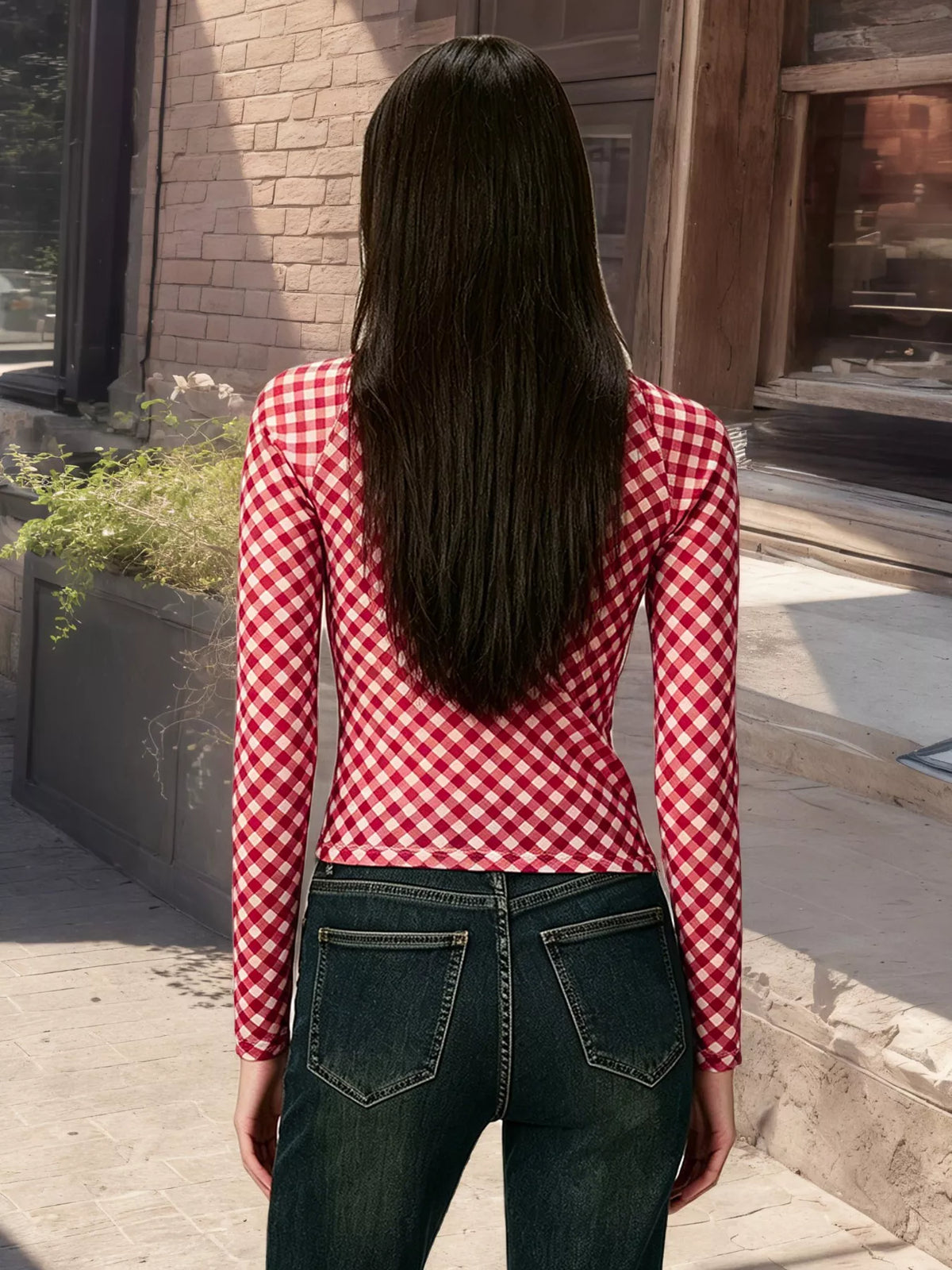 Red gingham tie front long sleeve blouse detail view