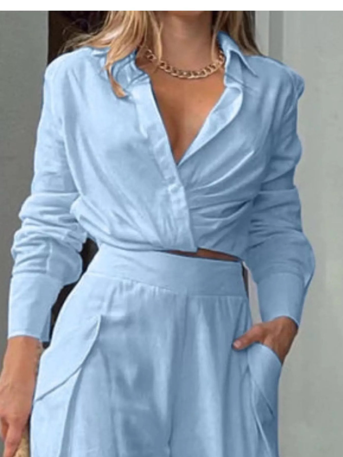 Long sleeve shirt and wide leg pants full outfit styled