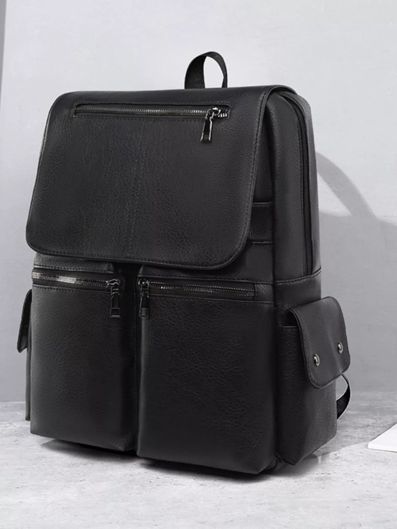 Faux leather flapover backpack front view
