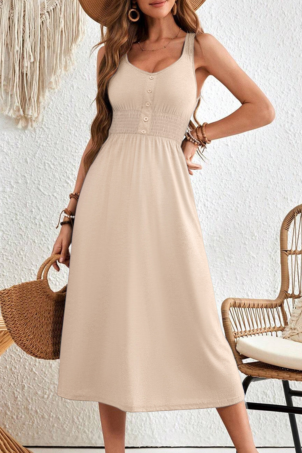 Apricot sleeveless shirred high waist midi dress front view