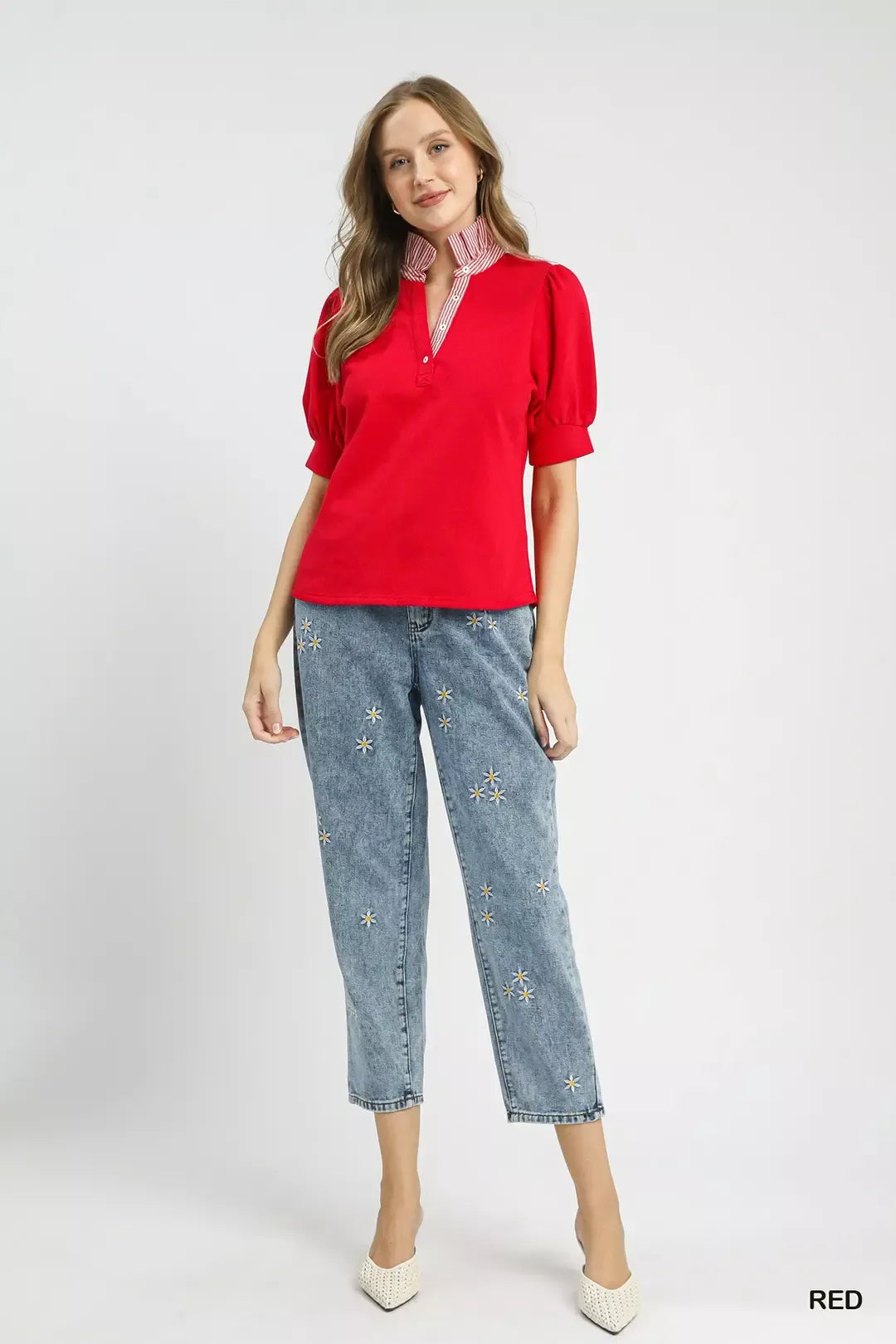 Umgee red striped collar popover top, side view