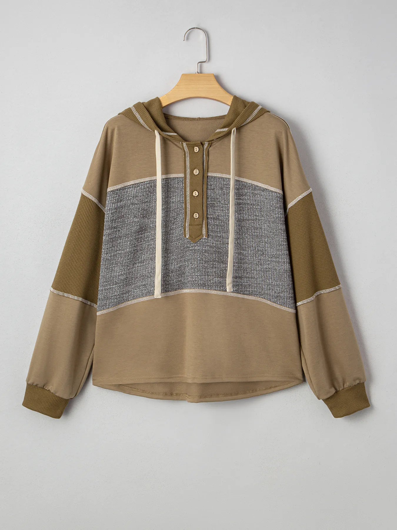 Mixed Texture Patchwork Exposed Seam Half Button Hoodie - Fashorio