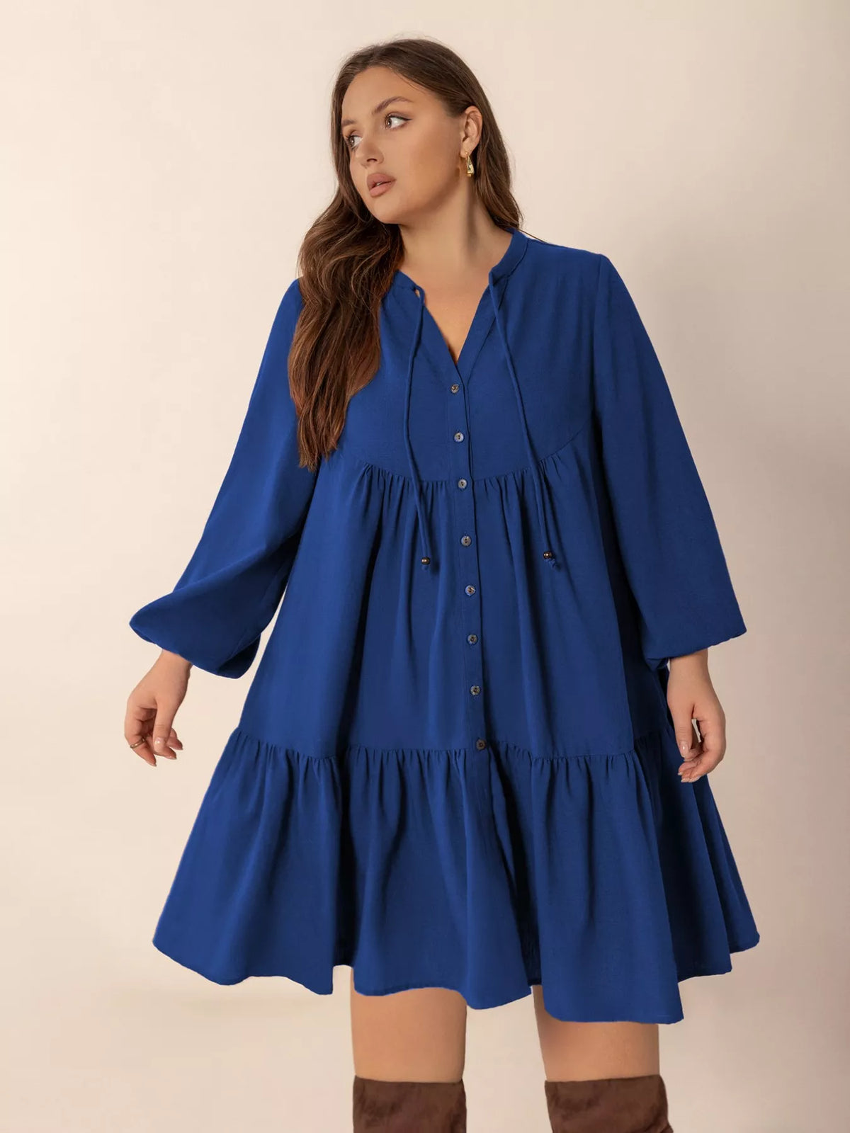 Plus size blue tie neck balloon sleeve dress front view