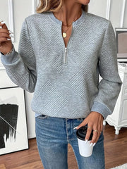 Quarter Zip Textured Long Sleeve Sweatshirt - Fashorio