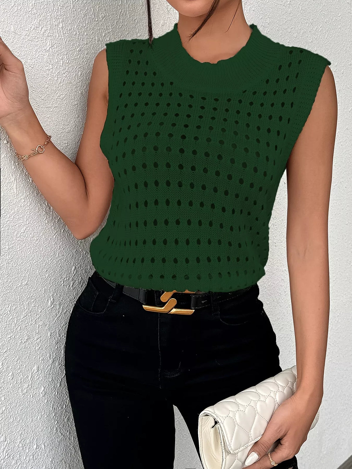 Openwork round neck knit tank flat lay view
