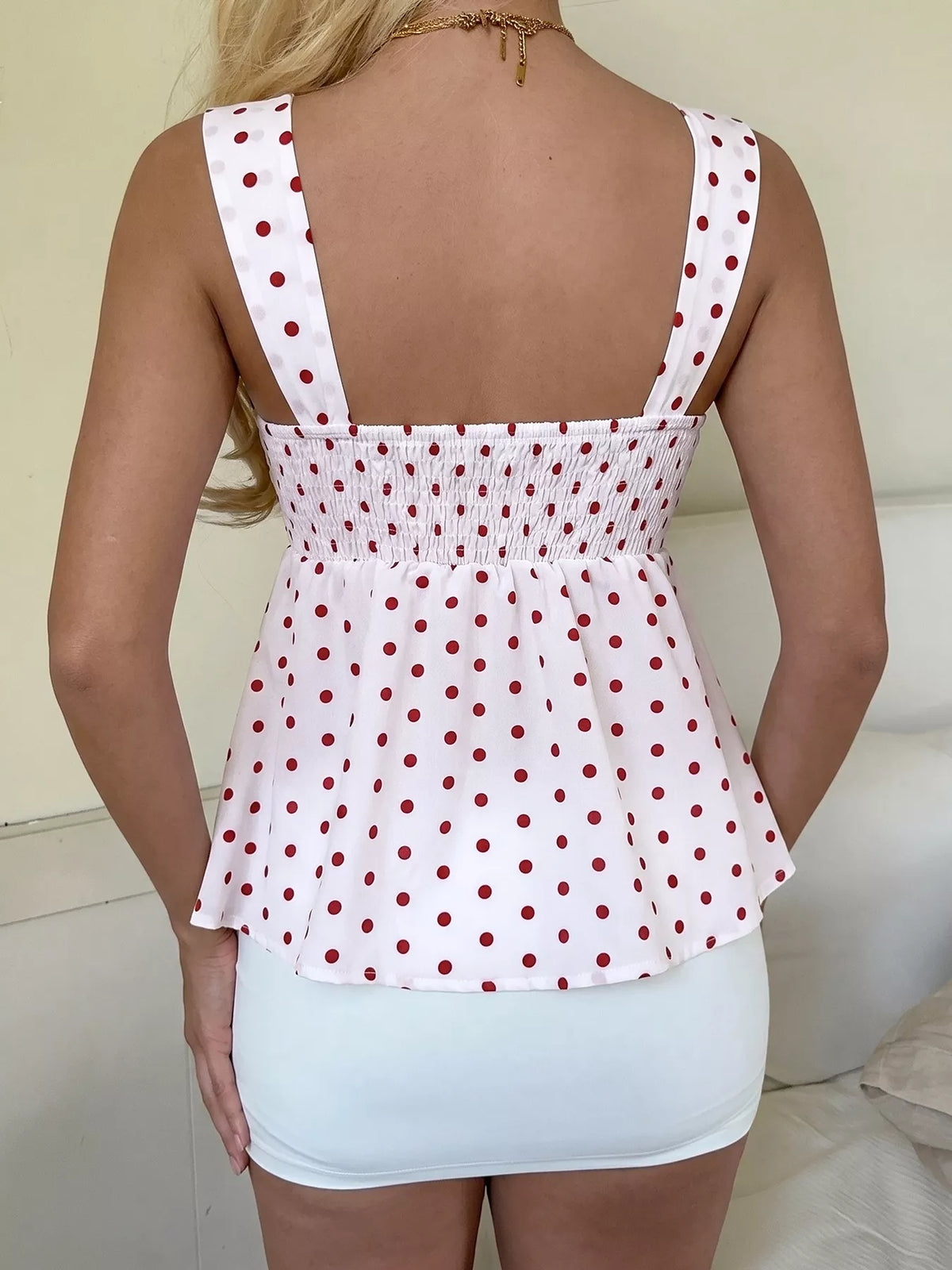 White polka dot ruched cami top styled view