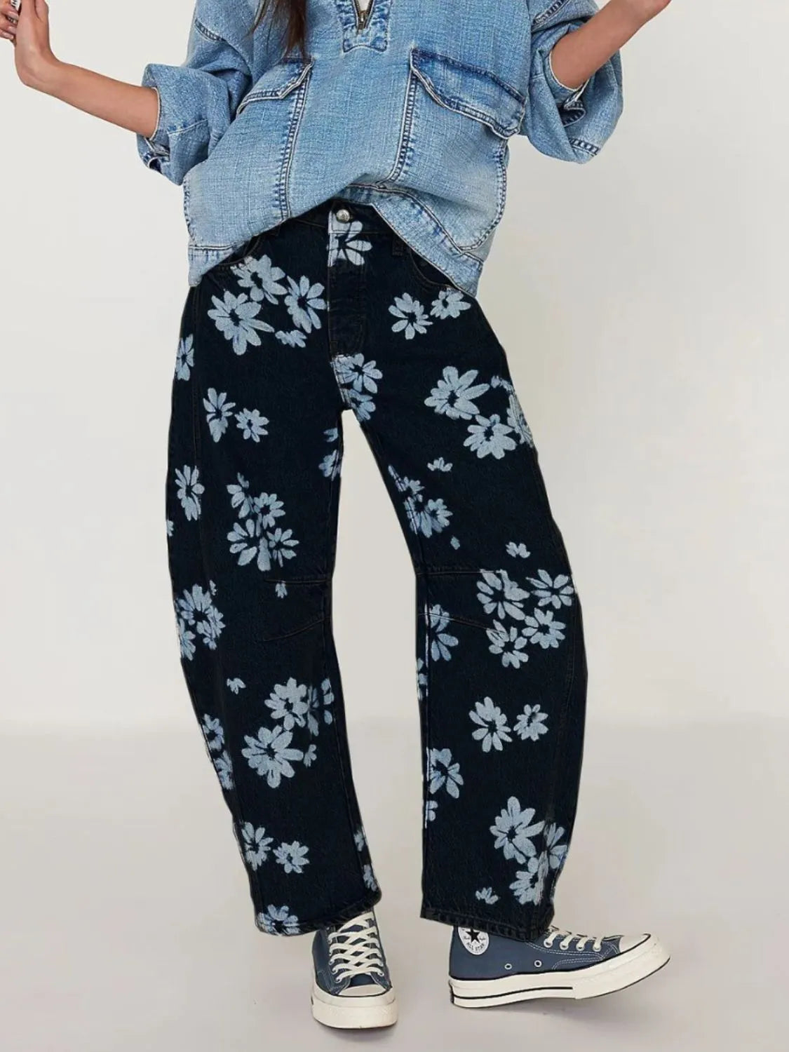 Printed wide leg jeans front view