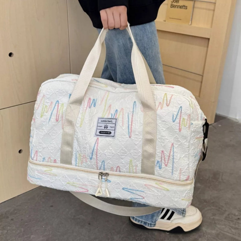 Off white textured Oxford cloth travel duffel front view