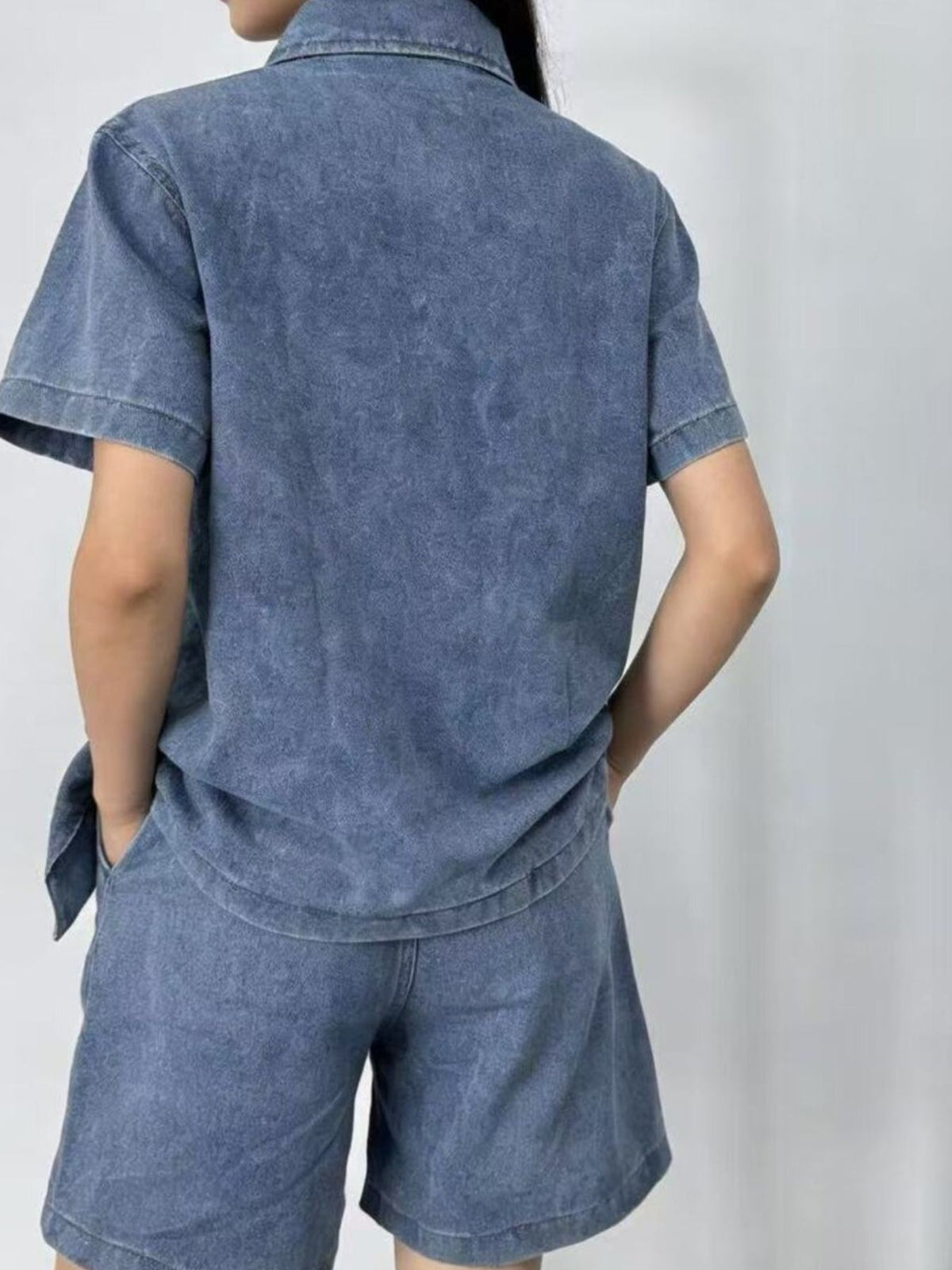 Button Up Short Sleeve Top and Denim Shorts Set, view 7