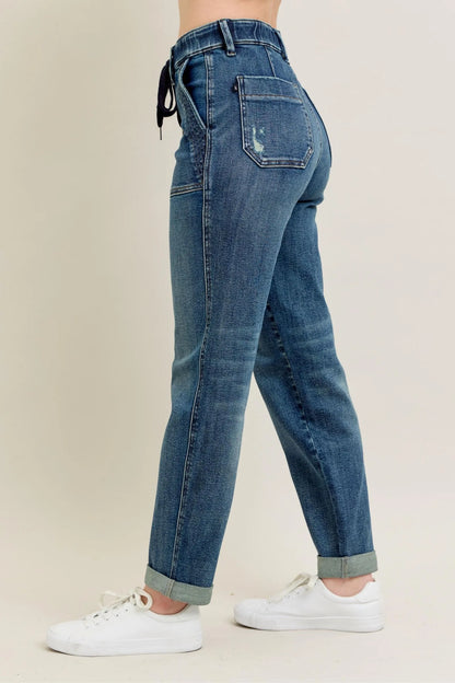 Judy Blue Full Size HW Vintage Wash Jeans w/ Drawstring Plus Size - Fashorio