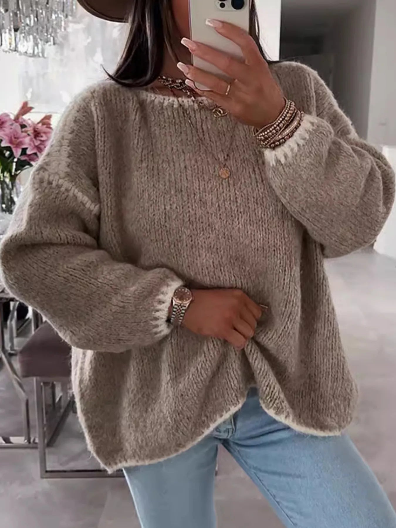 Contrast Trim Oversized Sweater - Fashorio