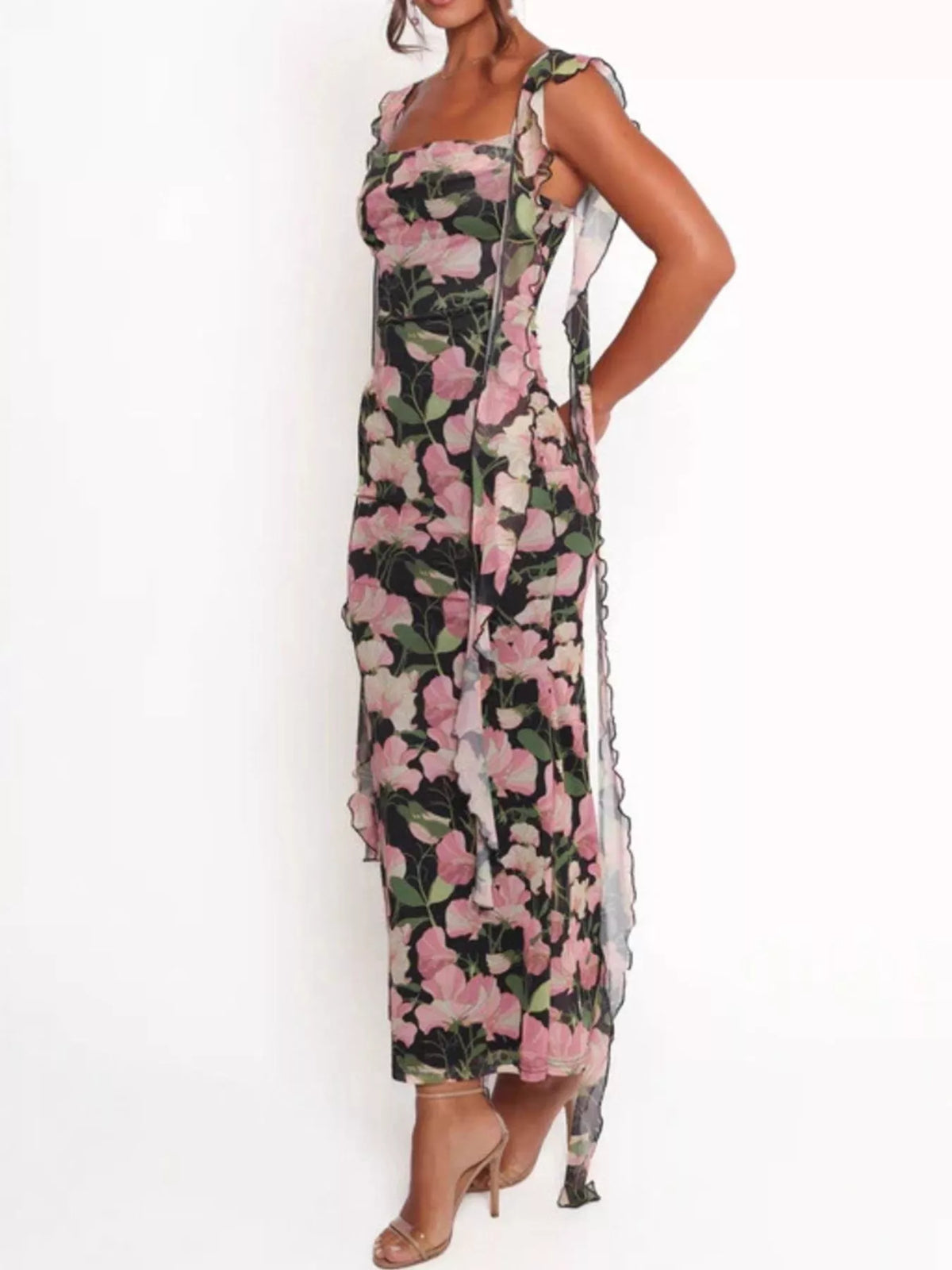 floral ruffle trim bodycon maxi dress side view