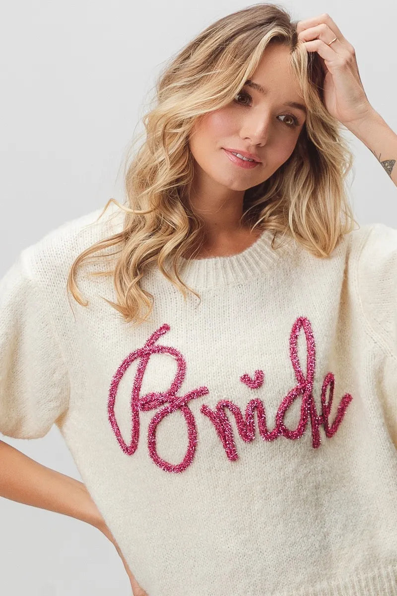 Metallic Letter Fuzzy Puff Sleeve Top in Ivory side view
