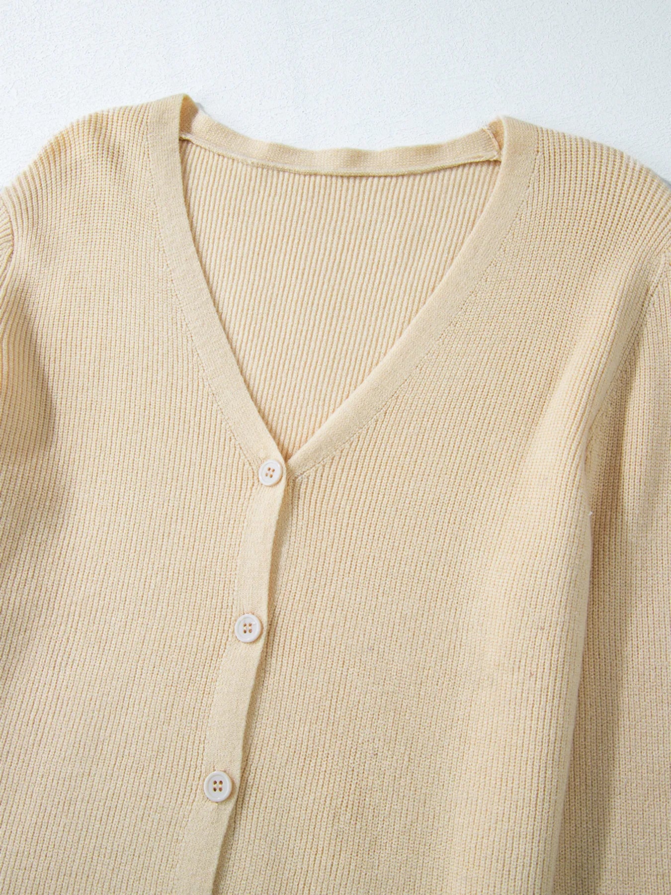 Ribbed Knit Button Front V Neck Cardigan - Fashorio