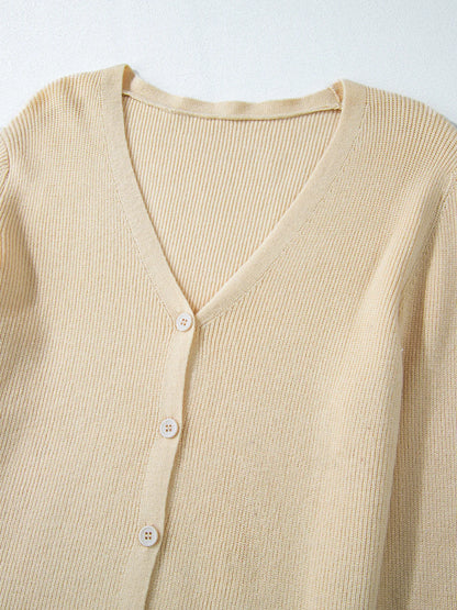 Ribbed Knit Button Front V Neck Cardigan - Fashorio