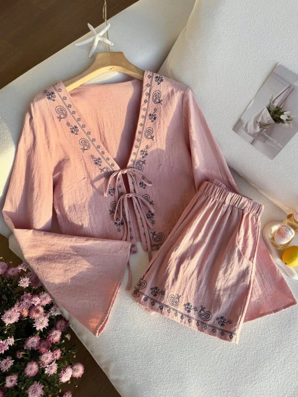 Embroidered Tie Front Top and Shorts Set, view 22