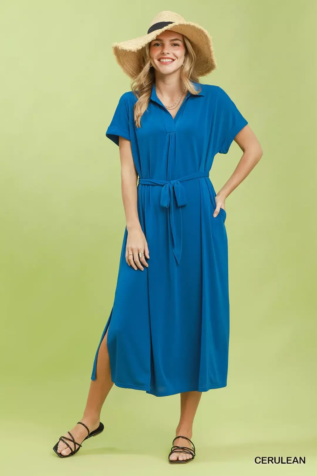 Cerulean blue Umgee collared belted midi dress side view
