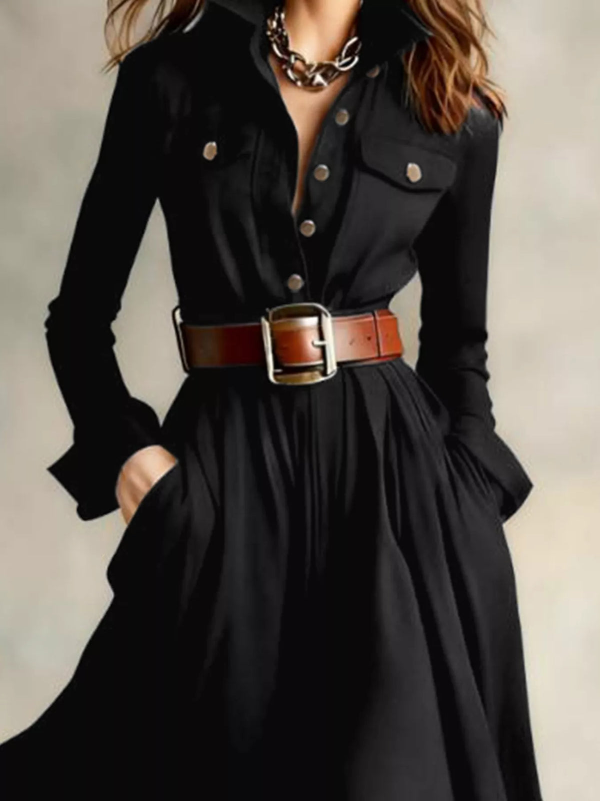 black button front long sleeve maxi dress styled look