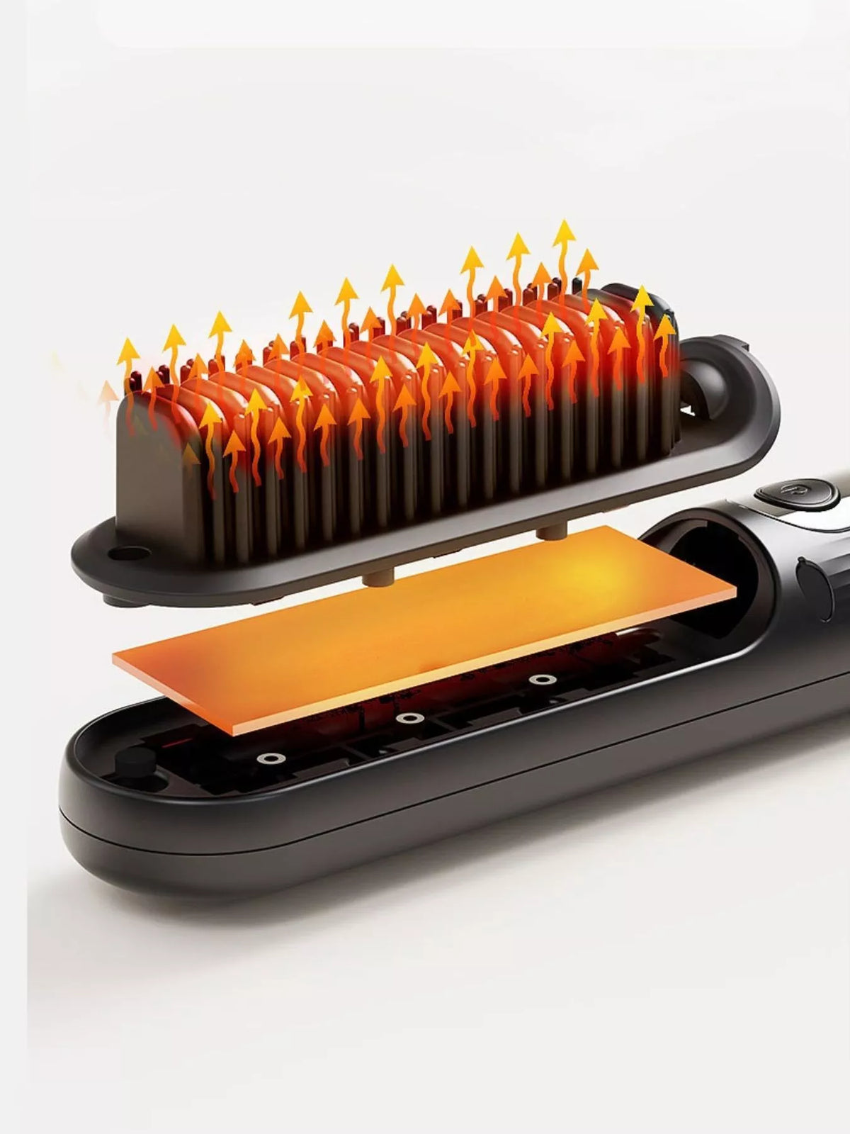 Straightening comb in use on hair