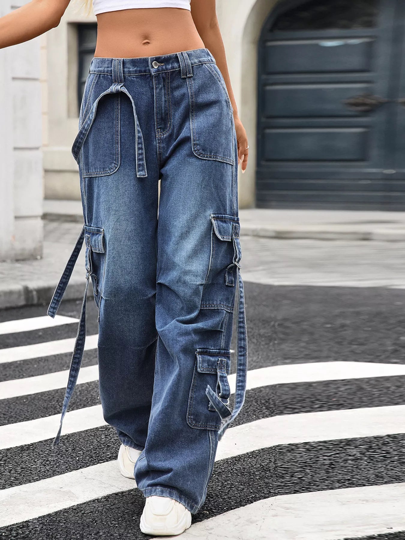 Wide Leg Cargo Jeans – Relaxed Fit Washed Utility Denim - Fashorio