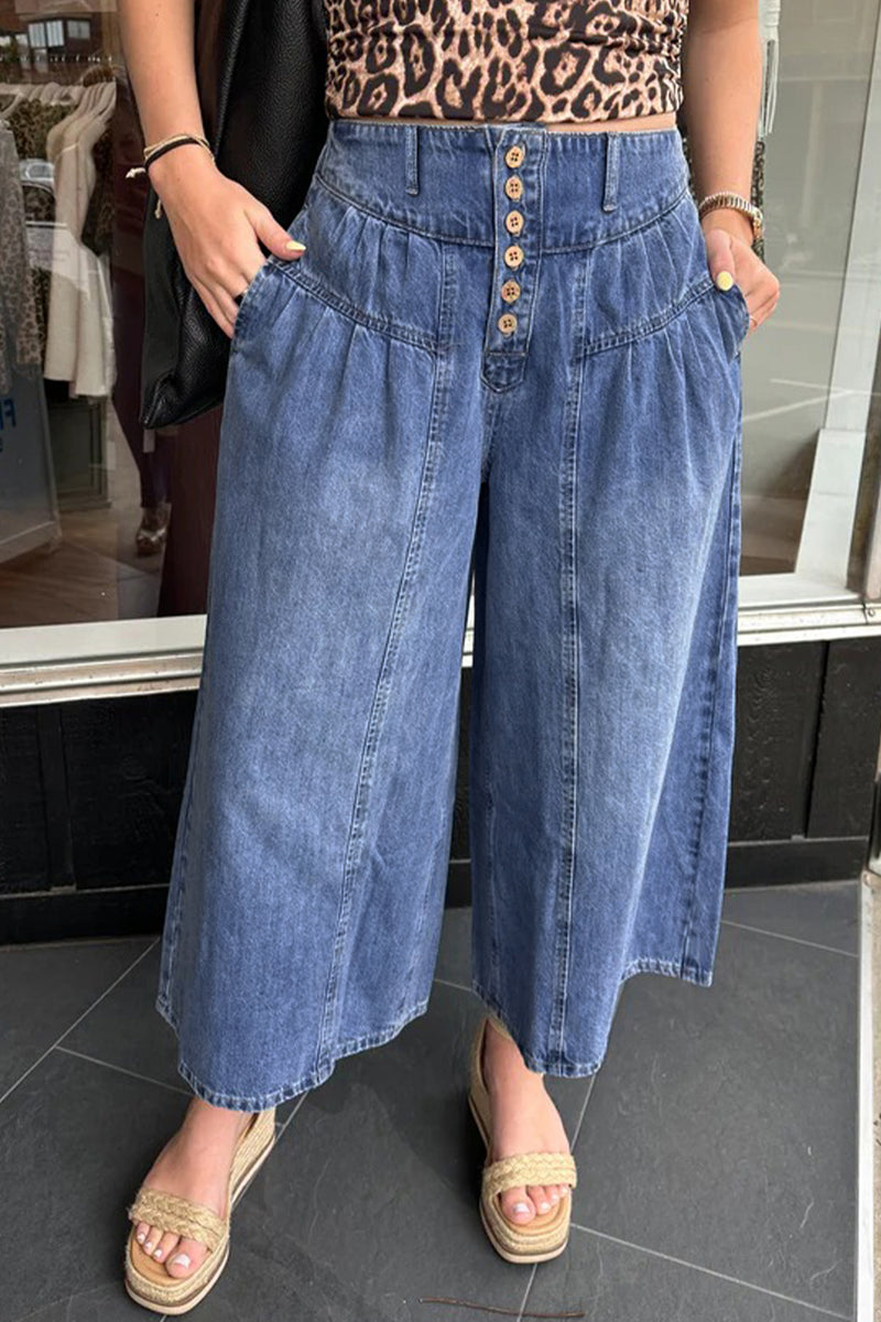Blue high rise pleated wide leg jeans front view
