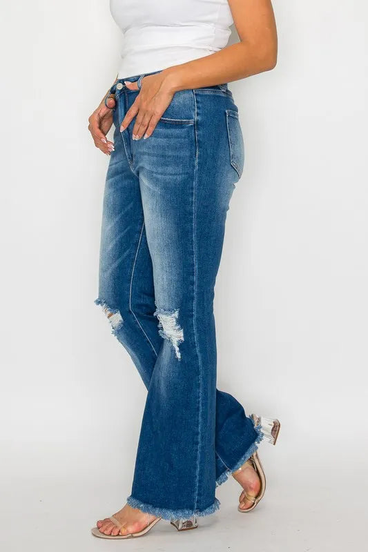 bytos Full Size Raw Hem Distressed High Rise Bootcut Jeans - Fashorio