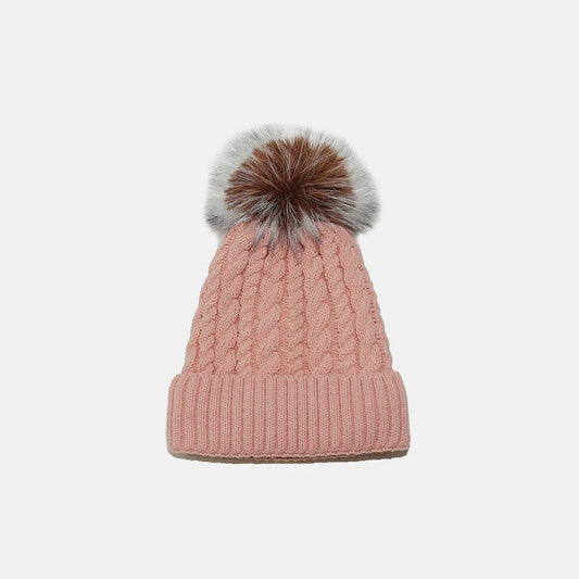 Cable Knit Winter Hat with Pompom Dusty Pink One Size - Fashorio