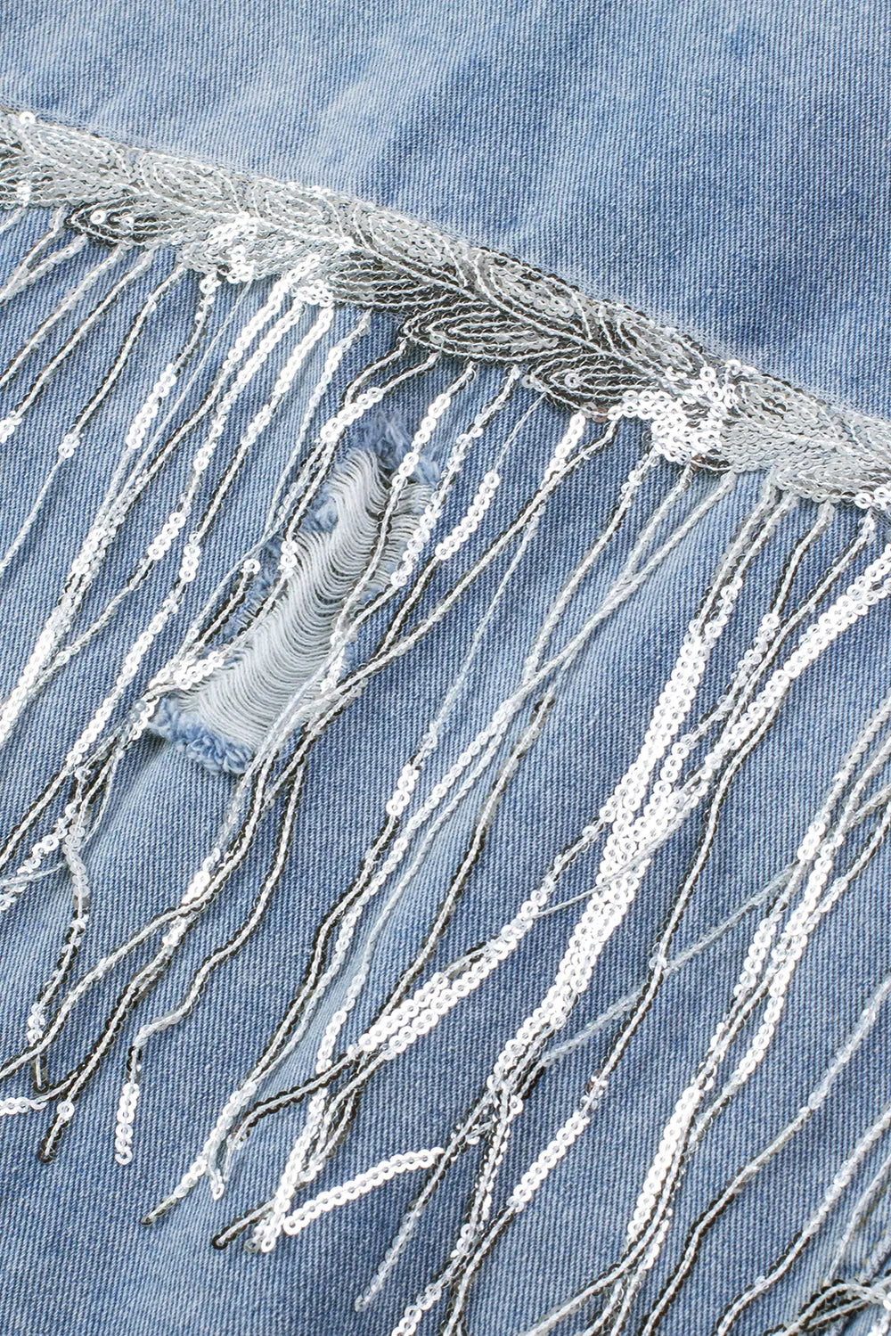Sequin Fringe Distressed Denim Jacket in Medium Wash view 10