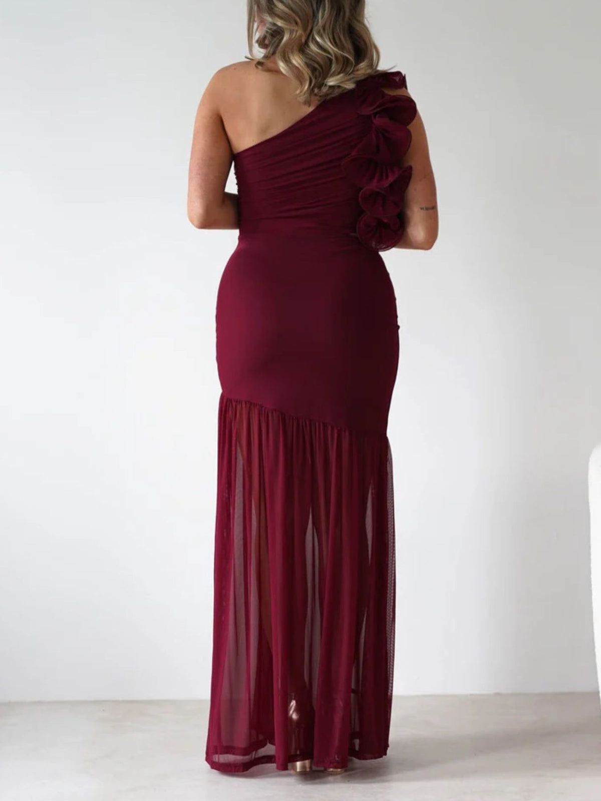 one shoulder ruffle trim maxi dress back view