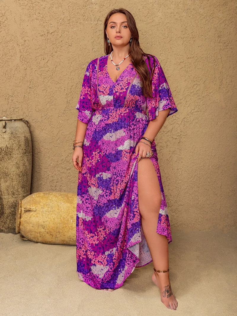violet plus size printed slit half sleeve maxi dress front view