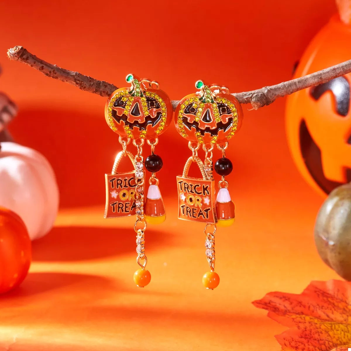 Halloween Rhinestone Pumpkin Drop Earrings - Fashorio