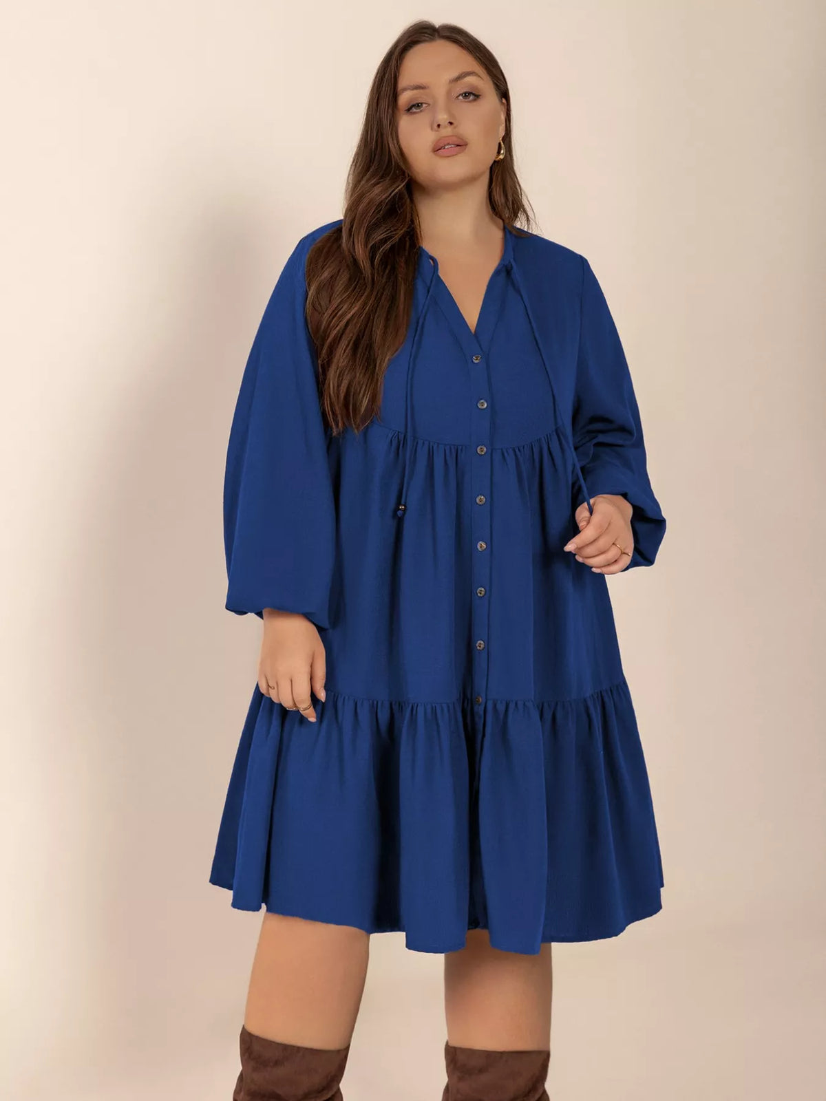 Tie neck detail blue dress close up