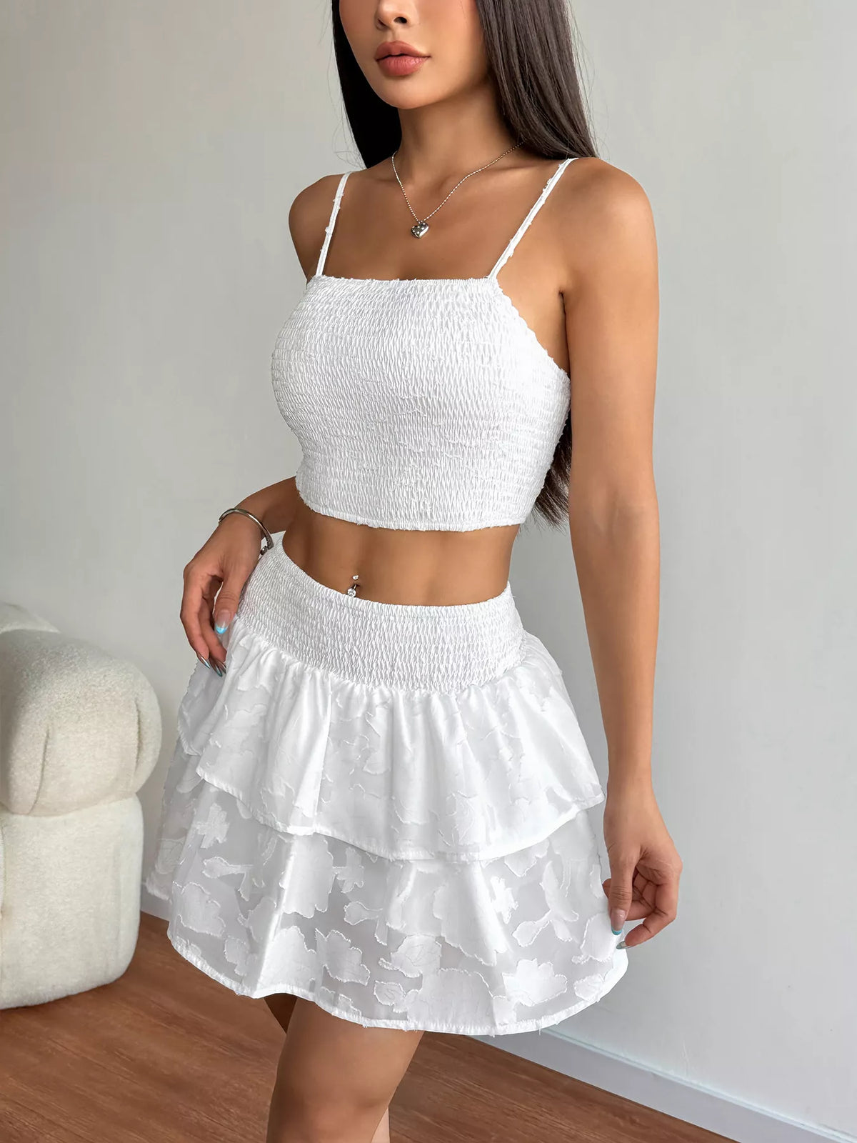 White smocked top and ruffle skirt coordinated set