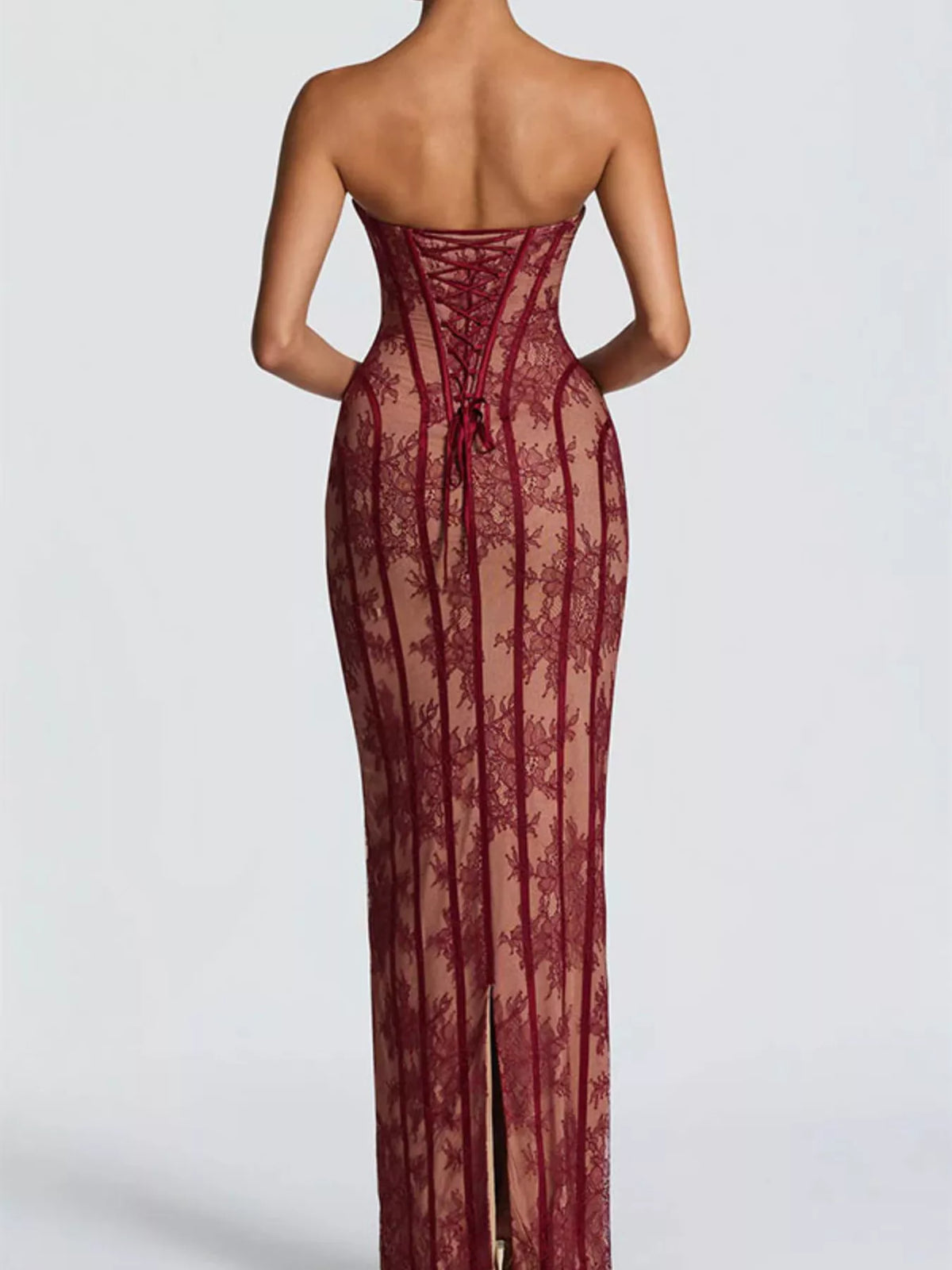 Lace Up Back Strapless Maxi Dress styled look