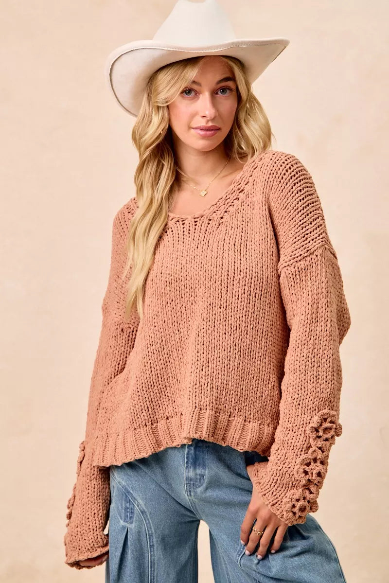 Chunky Knit Sweater with Floral Sleeves in Dusty Peach view 13