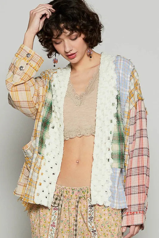 POL Raw Edge Plaid Open Front Cardigan - Fashorio