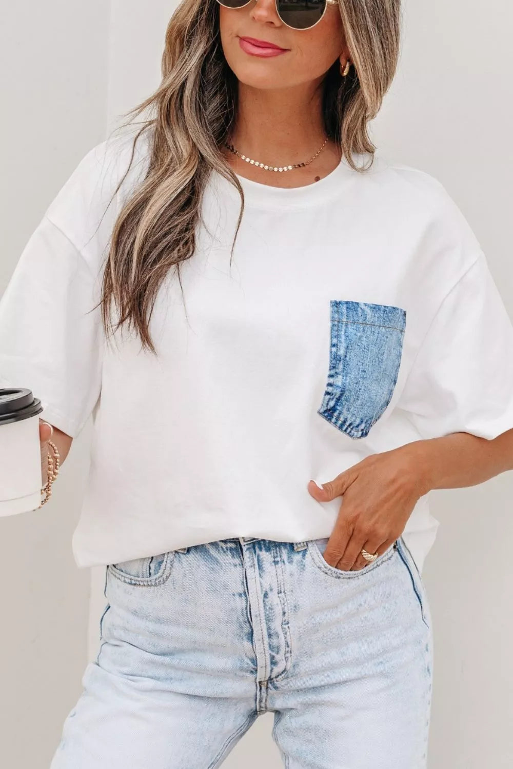 White color block short sleeve top with chest pocket front view