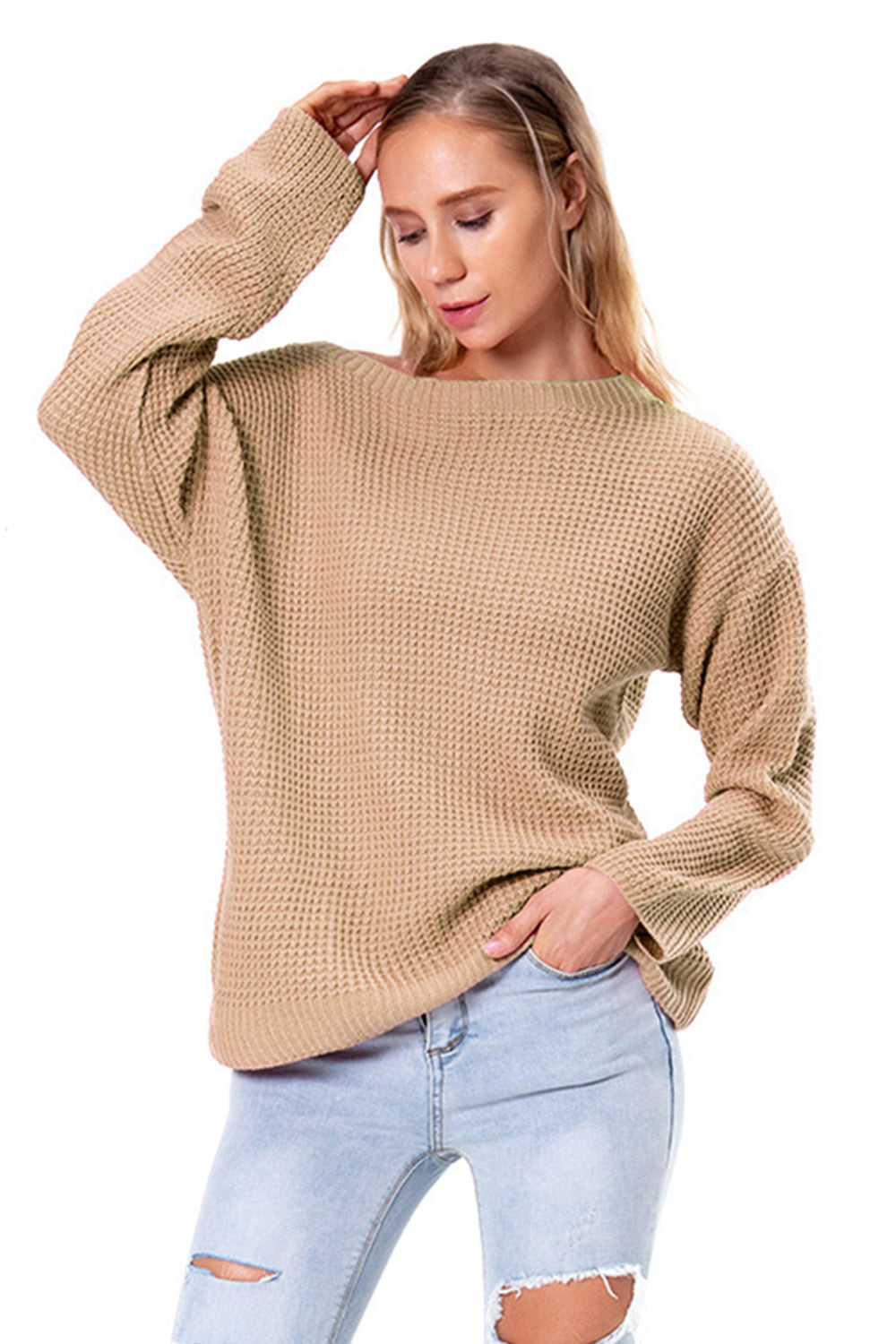 Boat Neck Drop Shoulder Long Sleeve Sweater - Fashorio