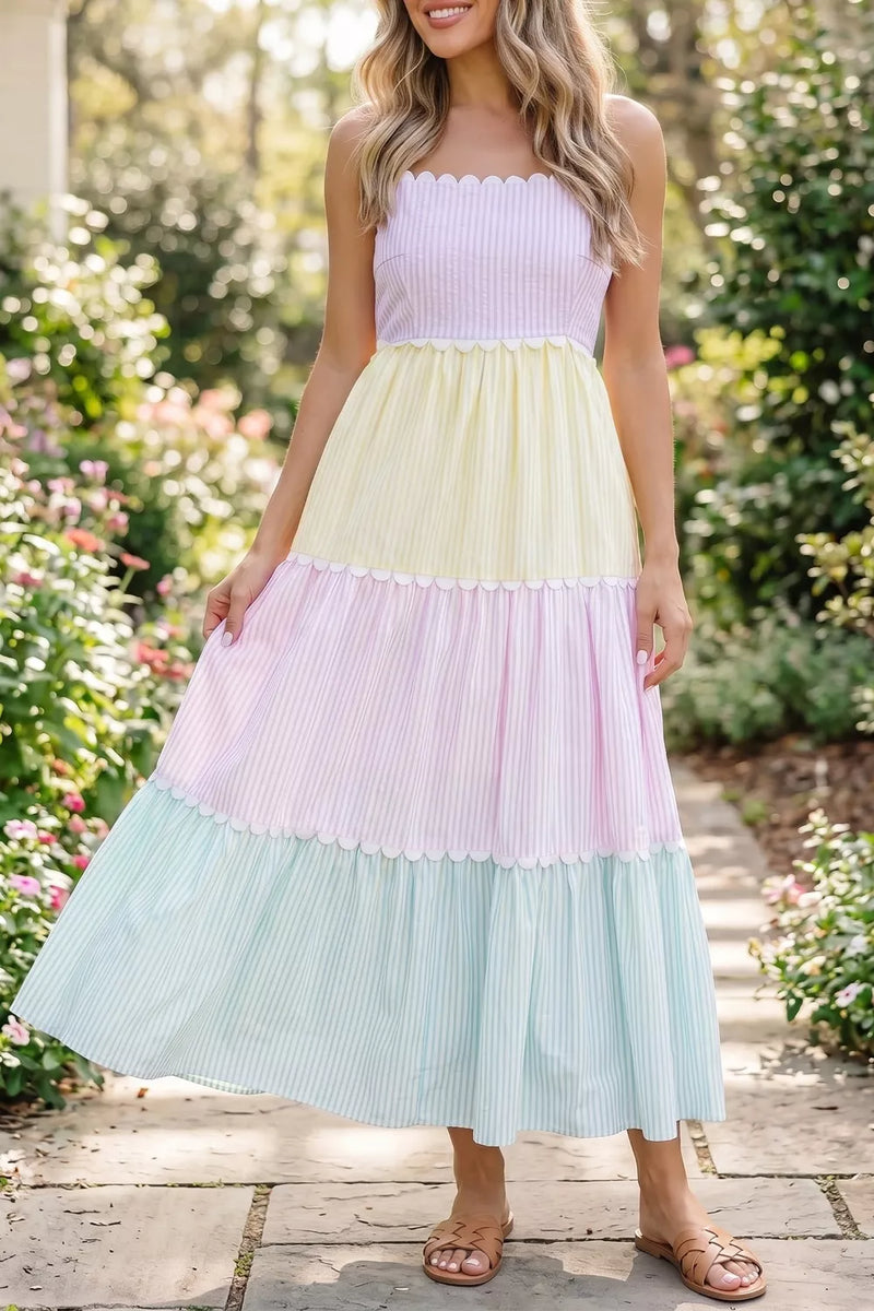 Striped colorblock scalloped maxi dress front view