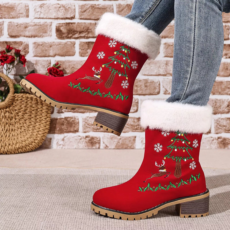 Christmas embroidered block heel ankle boots in deep red front view