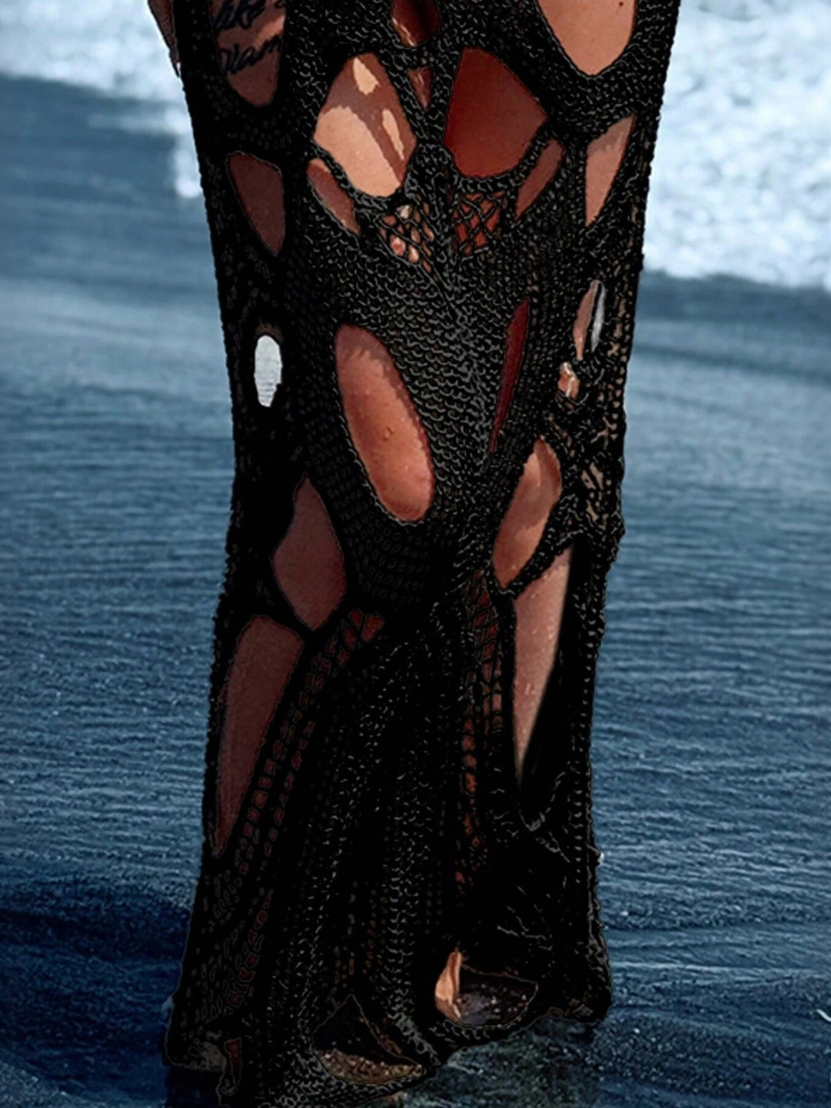 Open work halter cover up dress detail view